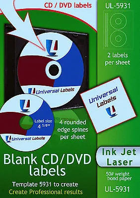 $9.99 • Buy 50 CD Or DVD Labels - 2 Labels & 4 Spines Per Sheet - Made In The USA