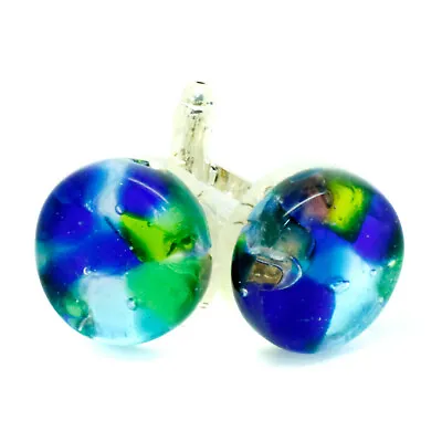 Murano Glass Cufflinks Circular Blue Green Silver Venice Wedding • £14.95