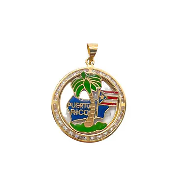 $179.99 • Buy 14K Gold PUERTO RICO Map Flag Charm Pendant Represent Your Country -Palm Tree 1 