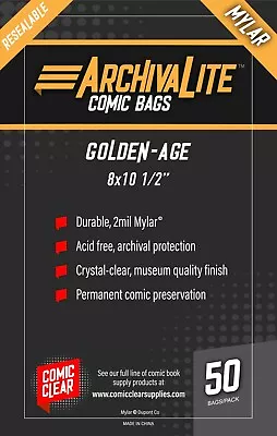 Golden Age Mylar Comic Bags (50) - Comic Clear - RESEALABLE Closure Type • $19.99