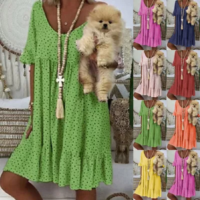 £12.69 • Buy Plus Size Holiday Beach Smock Sundress Ladies Casual V Neck Polka Dot Mini Dress