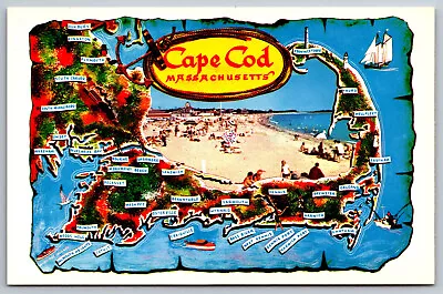 Cape Cod Map Beach Bathing Massachussetts Vintage Postcard • $4.95