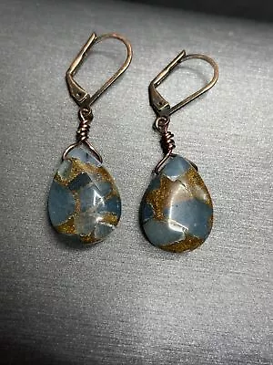 Mosaic Agate Mohave Blue Copper Teardrop Dangle Earrings 1.5” Gorgeous Stone • $29.99