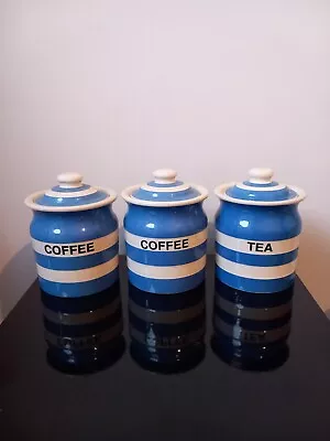 T.G Green Cornishware Cloverleaf Tea &  Coffee Caddy Jars Blue White  • £35