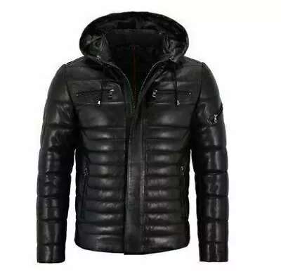 Black Puffer Leather Jacket Men With Hood Size XS S M L XL XXL 3XL Custom Made • $152.12