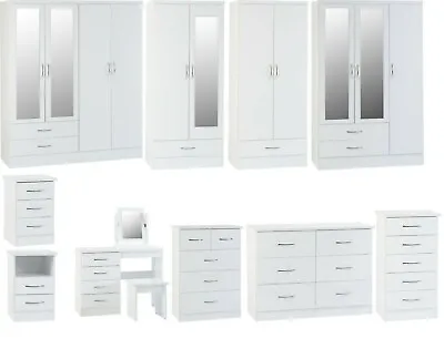 Nevada White High Gloss Bedroom Furniture - Wardrobes Chest Drawers Or Bedsides • £209.99