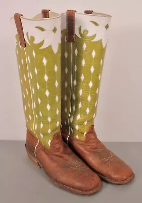 Men's VTG 70s Green & Brown Tall Olathe Cutout Cowboy Boots  Sz 8 D 1970s • $249.99
