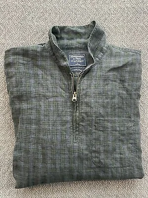 Abercrombie & Fitch Men's Nehru Neck 1/4 Zip 100% Linen Blue Green Plaid • $23.97