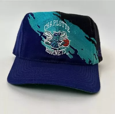 Vintage Charlotte Hornets Snapback Hat Logo Athletic NBA Black Splash Rare • $189.87