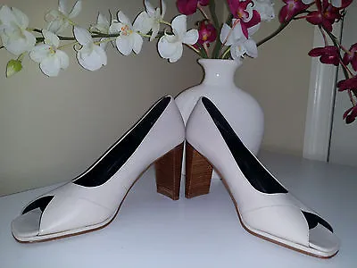 $18 • Buy Amanda Smith  Hanna  Ivory Leather Peep Toe Pumps 3,5 Heel Ladies Shoes Sz. 9 M