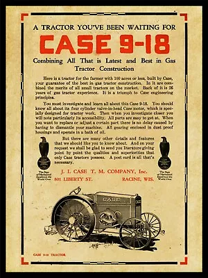 1917 J.I. Case Threshing Machine Co. New NEW Metal Sign: 9-18 Tractor - Racine • $19.88