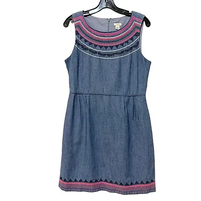 J. Crew Sleeveless Chambray Dress Pockets Embroidered Size 8 • $18.95