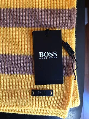 BOSS Wool Scarf Knitted 64/11 In Yellow With Brown Stripes New • $39.95