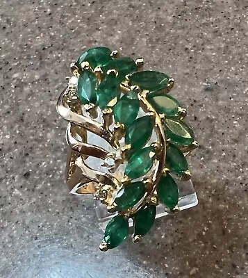 Vintage 14K Yellow Gold Natural Emerald & Diamond Cocktail Ring • $499