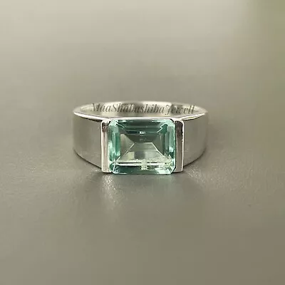 Natural Green Amethyst Mens Ring Emerald Cut Gemstone Ring Silver Statement Ring • $37.88