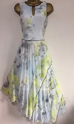 COAST Pale Blue Yellow Floral Pleated Fit Flare Occasion Midi Dress Uk 14 . • £55