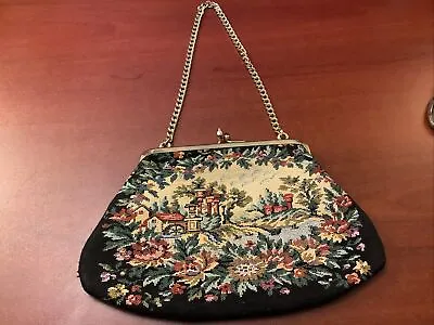 Vintage Tapestry Purse~Black Floral/Scene~Gold Chain/Snap Closure~FREE SHIPPING~ • $26.99