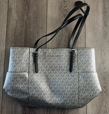 Michael Kors Monogram Jet Set Silver Metallic Large Travel Tote Shoulder Bag EUC • $74.99