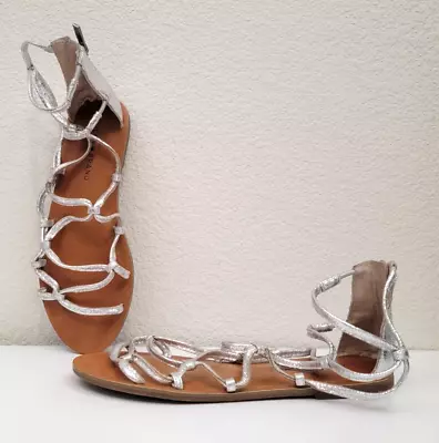 Lucky Brand Anisha 8 M Silver Brown Metallic Leather Flats Sandal Shoe Gladiator • $12.95