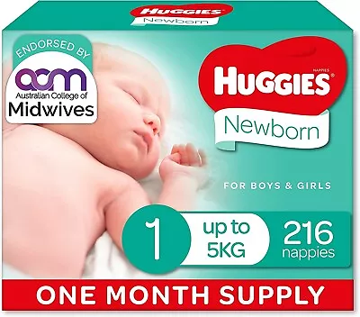 Huggies Size 1 Newborn Up To-5 Kg Ultimate Nappies Unisex-216 Count FREE SHIP-Au • $95.92