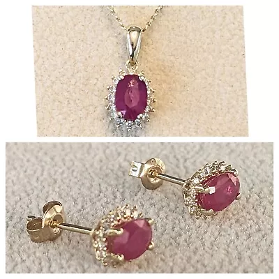 9ct Yellow Gold Ruby & Natural Diamond Earrings & Pendant Necklace Set • £250