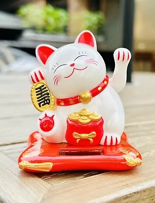 Solar Powered White Maneki Neko Beckoning Lucky Waving Cat USA SELLER • $10.99