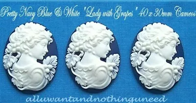 3 WHITE ON NAVY BLUE GODDESS LADY W/ GRAPES 40mm X 30mm COSTUME JEWELRY CAMEOS • $3.49