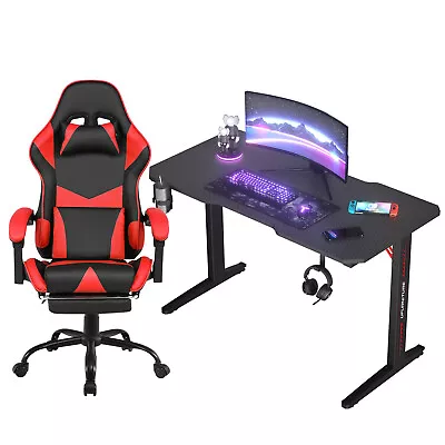 Ufurniture Gaming Desk RGB LED Light & Gaming Chair Tilt 135??with Footrest Red • $341.99