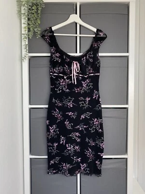£59.99 • Buy Jane Norman Y2k Black Pink Floral Milkmaid Gypsy Dress FITS UK 10 Vintage 14
