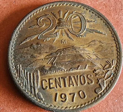 1970 Mexico Mexican 20 Centavos Sun Pyramid AU+++ • $5