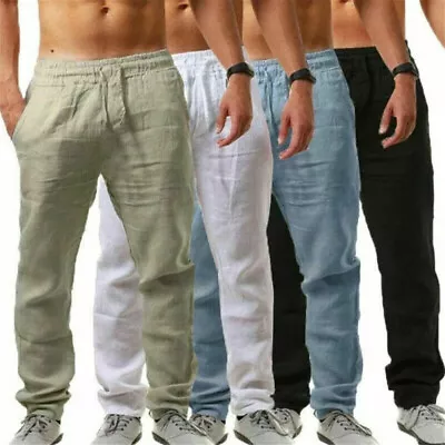 $13.98 • Buy Mens Drawstring Casual Linen Baggy Yoga Pants Loose Straight Beach Long Trousers