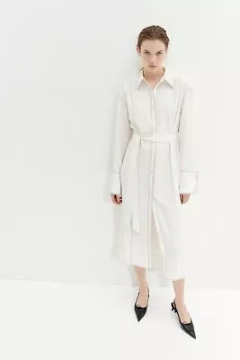 NWT H&M Tie-Belt Midi Shirt Dress W/Contrast Stitching Cream / Black Sizes M L • $49