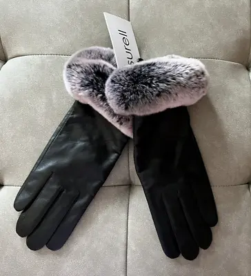 NWT Surell Black Leather With Black/ Pink Rex Rabbit Fur Cuff Gloves Sz S • $139.99