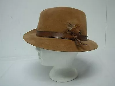 Vtg Stetson The Sovereign Tan Wool Felt Mens Fedora Hat Leather & Feather 7 3/8 • $125