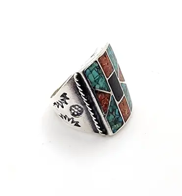 Sterling Silver 925 Man's Zuni Crushed Turquoise & Coral Ring Sz 8.75 • $89