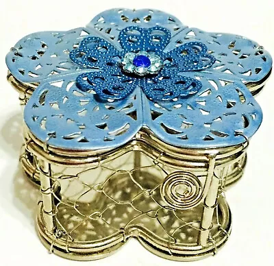 VTG Silver Tone Filigree Trinket Box Flower-Shaped Bejeweled Blue Metallic • $4.99