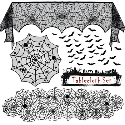 Halloween Lace Table Cloth Fireplace Party Window Spider Web Cobweb Decor Black • £1.99