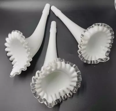 Fenton Silver Crest Epergne Ruffled Hobnail Milk Glass Vase Horn Set Of 3 • $45