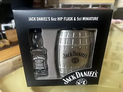 Jack Daniels 6oz Stainless Steel “Barrel” Hop Flask And Empty 5cl Bottle In Box. • £10