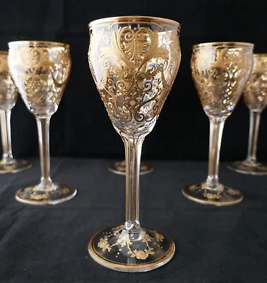 Exquisite Set 6 Baccarat Moser Handblown Crystal Raised Gold Wine Glasses • $899.99