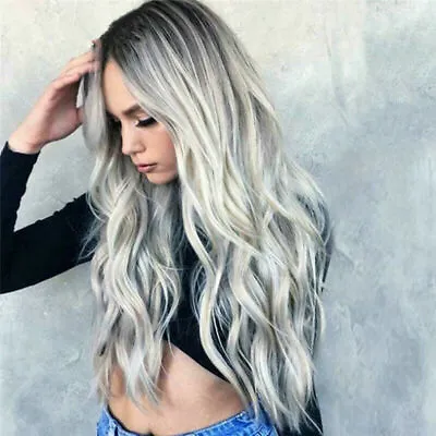 28  Women Ombre Blonde Long Curly Wigs Ladies Natural Wavy Hair Cosplay Wig New • £8.58