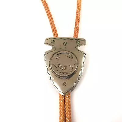 Vintage Silver Tone Bennett Arrowhead Shape Buffalo Nickle Bolo Tie Tan Strings • $34.99