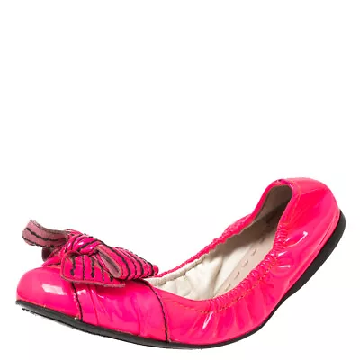 Miu Miu Pink Patent Leather Bow Scrunch Ballet Flats Size 37 • $119.70
