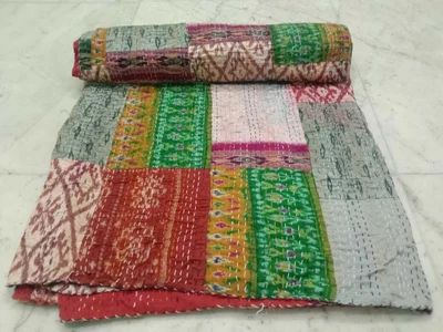 £39.99 • Buy Indian Patchwork Silk Kantha Quilt Bedspread Handmade King Size Blanket Throw