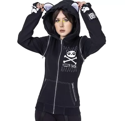 Killer Panda Hoodie Black White Ears Paws Bones Goth Emo Scene Y2K Jacket Alt L • £49.99