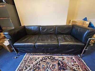 Corbusier Style Three Seater Sofa. Black Leather And Chrome • £80