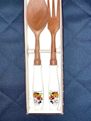 Vintage Spoon & Fork Walt Disney Mickey & Minnie Mouse Wooden Set • $14.95