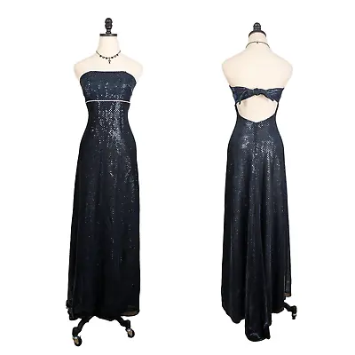 Vintage Jump Prom Dress Maxi Gown Empire Strapless Y2K Sparkle Blue Shimmer 5/6 • $174