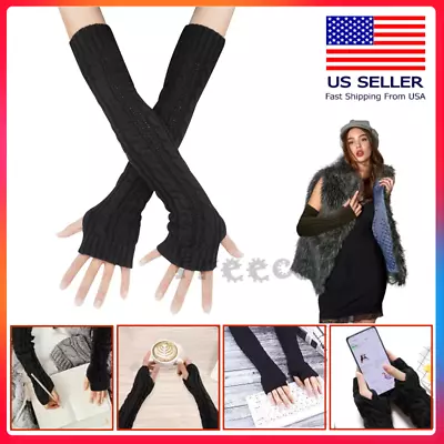 $7.95 • Buy Women Long Cable Knitted Gloves Lady Fingerless Thermal Arm Wrist Warmer Mittens
