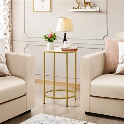 $43.19 • Buy Round End Tables Coffee Side Table W/Glass Top & Metal Frame Mustard Accent Gold